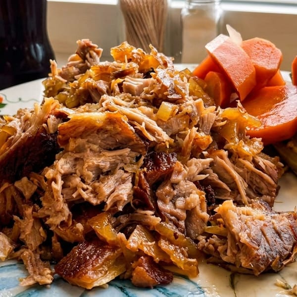 Shredded pork with caramelized onions, pickled carrots, and jalapeños on a decorative plate.