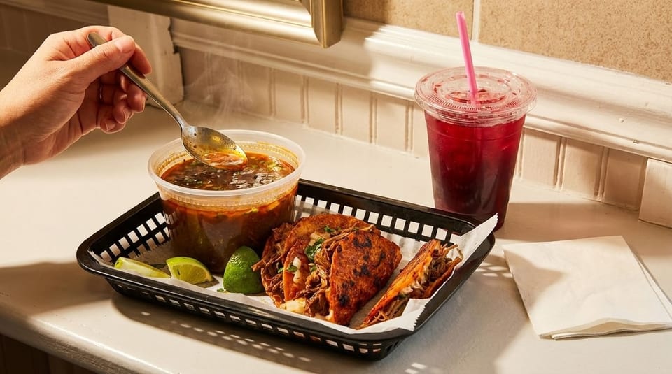 Hand spooning steaming birria consommé, with birria tacos, lime, and a red drink in a basket.